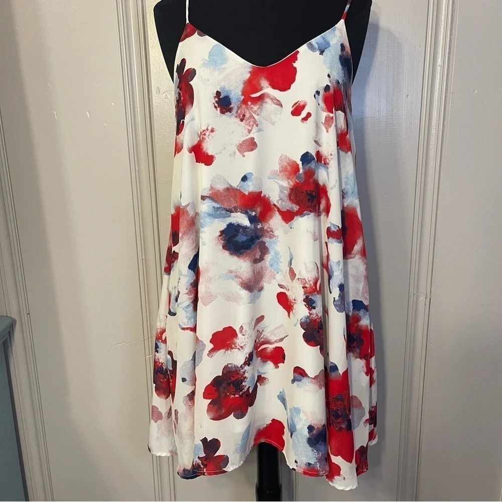 Peach Love‎ California Watercolor Floral Patriotic Spaghetti Strap Dress, S